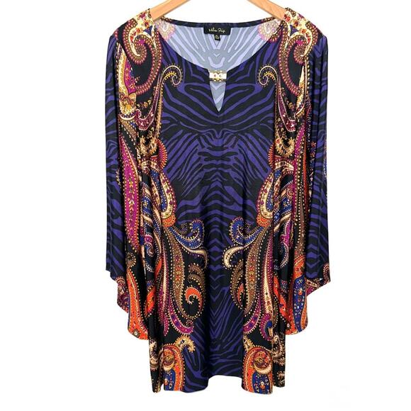 Melissa Paige Mixed Print Zebra Paisley Purple Flared Sleeve Tunic Size XL - Picture 1 of 11